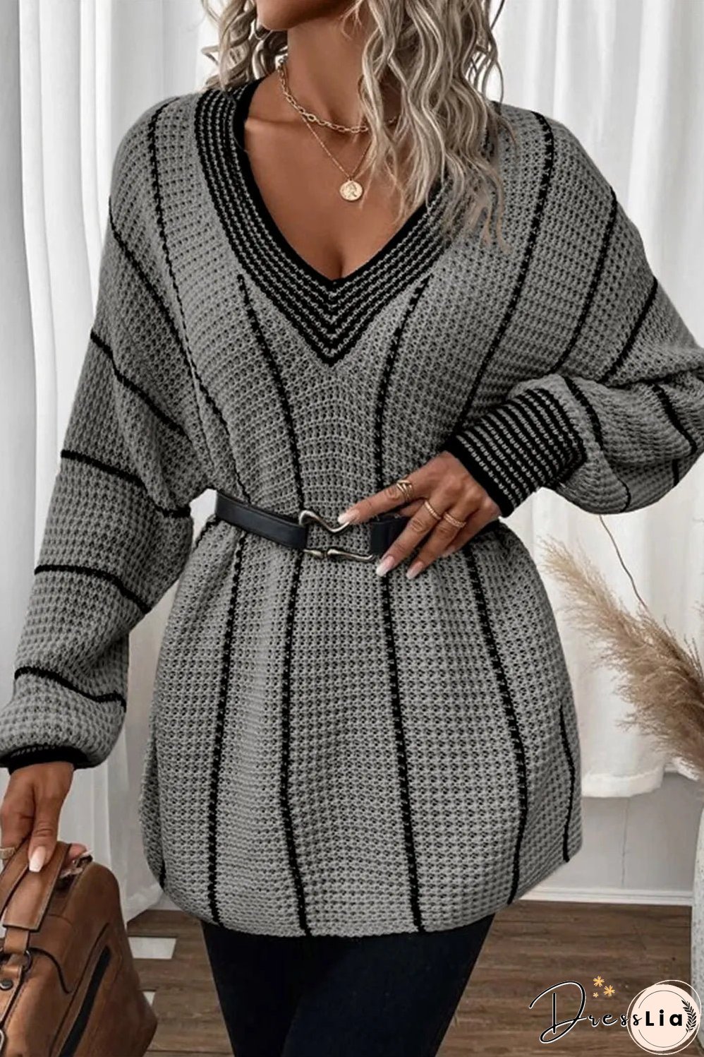 Striped V-Neck Dropped Shoulder Sweater