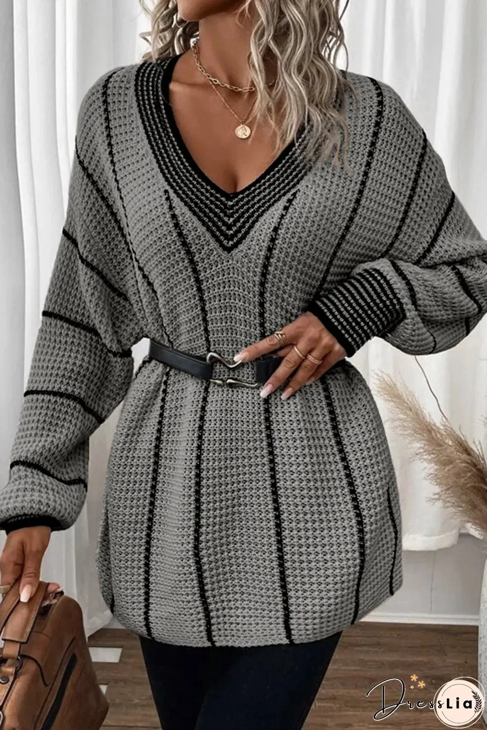Striped V-Neck Dropped Shoulder Sweater