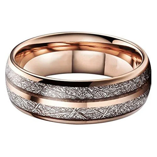 6MM 8MM Women's Or Men's Domed Tungsten Carbide Wedding Matching Rings Rose Gold Double Line Inspired Meteorite