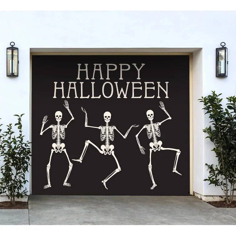 7' x 8' Ivory and Black Double Car Halloween Garage Door Banner