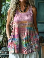 Women's Retro Cancer Awareness Ribbon Gradient Art Linen Sleeveless Tank Top