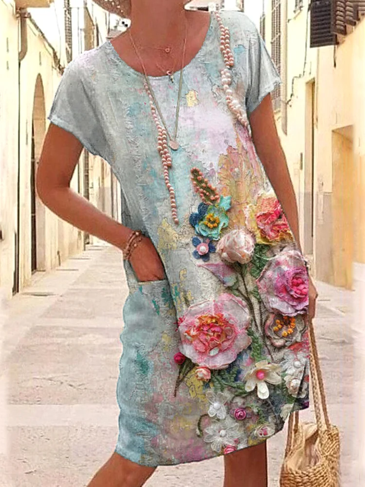 Vintage Floral Embroidery Art Linen Blend Dress-mysite
