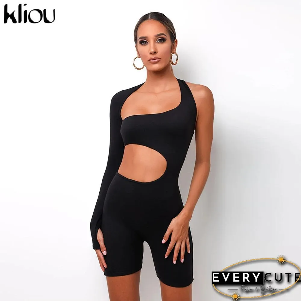 Kliou Asymmetrical Solid Women Rompers Basic Long Sleeve Casual Sportswear Streetwear Female Elastic High Waist Jumpsuits