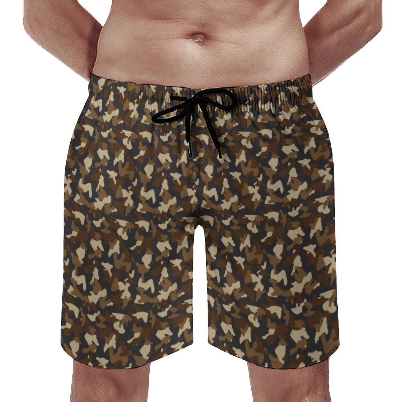 Black Brown Beige Camouflage Elegant Men's Swim Trunks Summer Board Shorts Quick Dry Beach Short with Pockets