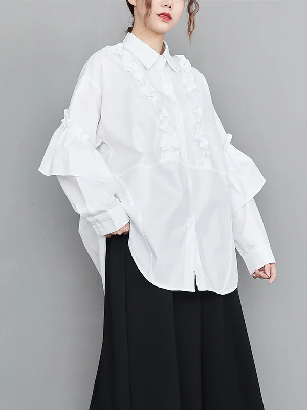 Casual Loose Long Sleeves Buttoned Ruffled Solid Color Lapel Collar Blouses&Shirts Tops