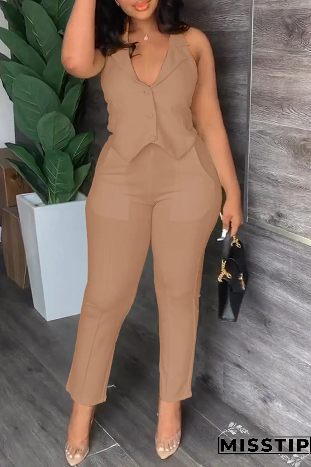 Black Casual Solid Backless Halter Sleeveless Two Pieces