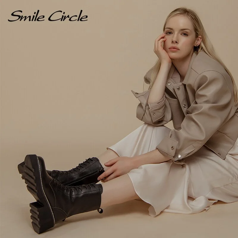 Smile Circle Chunky Ankle Boots Women Genuine Leather Black Motorcycle Boots Platform Warm Plush High heels Ladies Booties