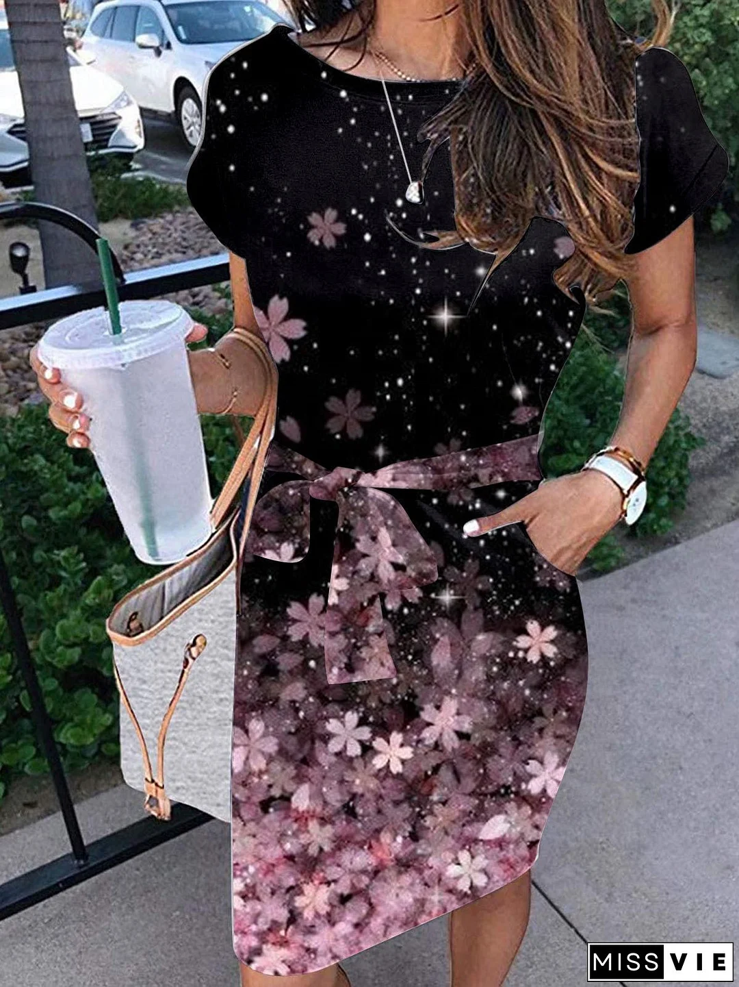 Women's Dresses Printed Belted Pocket Short Sleeve Dress