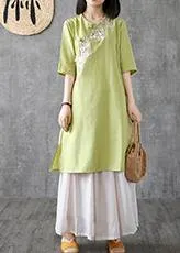 Women embroidery Chinese Button linen Catwalk green Dress