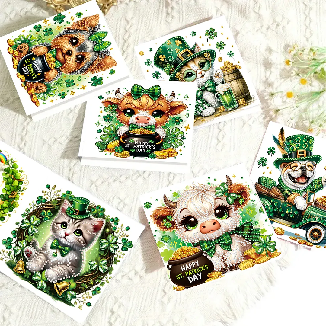 6Pcs St.Patrick Day Animals DIY Diamond Painting Greeting Card Set with Envelopes Diamond Art Handmade Cards for Beginner Adult Holiday Gifts