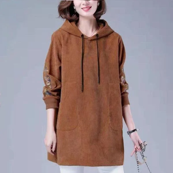 Winter Casual Hooded Sweatshirt New 2020 Vintage Corduroy Floral Embroidery Female Pullover