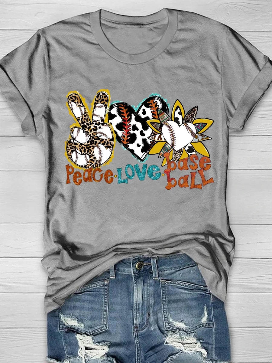Peace Love Baseball Print Short Sleeve T-Shirt