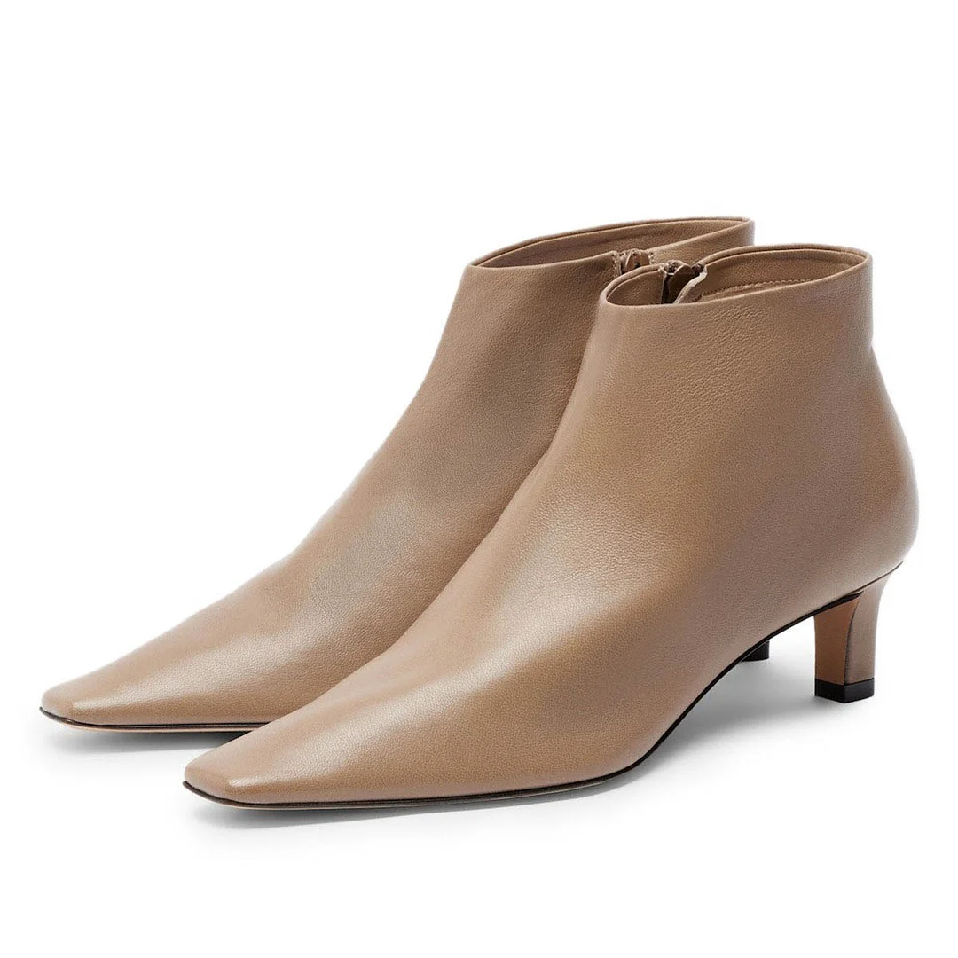Women's Square Toe Low Kitten Heel Tan Zipper Short Booties