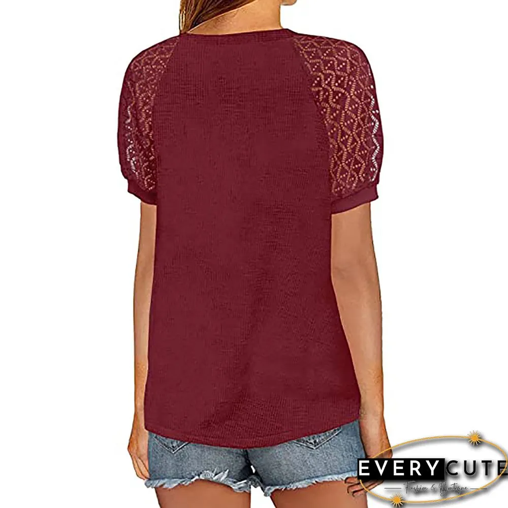 Red Waffle Lace Raglan Short Sleeve T-Shirt