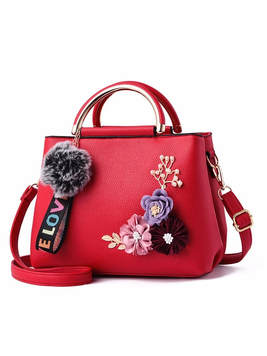 Women Bag Flowers Decoration Leather Handbag