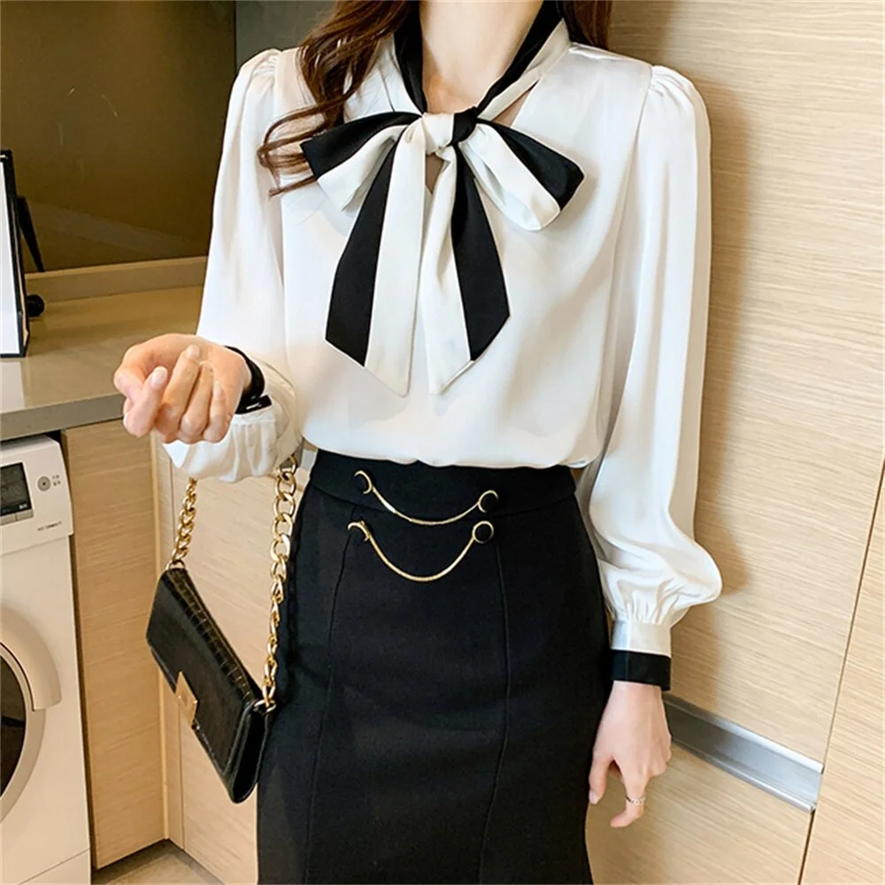 Jangj Alien Kitty Korea Bow Full Sleeve Elegant Shirts Lace-Up Bottom Office Lady Chic Femme 2021 Hot Streetwear Gentle Autumn Tops