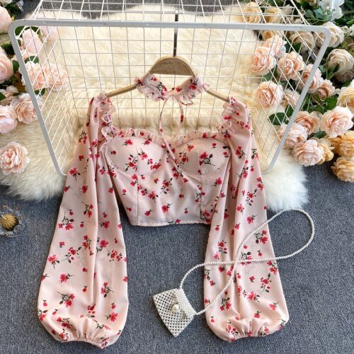 2022New Sexy Women Tops Gothic Floral Print Elegant Chiffon Blouse Shirts Long Sleeve Pink Lady Crop Tops Clothing