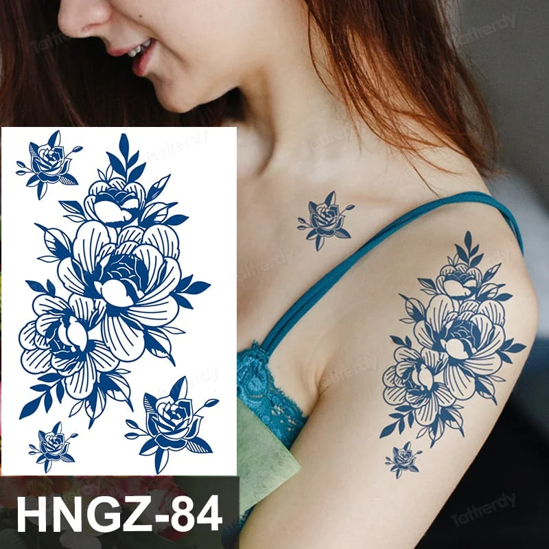 Juice Ink Tattoo Flower Rose Leaf Waterproof Temporary Bird Snake Sexy Body Arm Leg Henna Tattoo Fashion Big Fake Sleeve Sticker