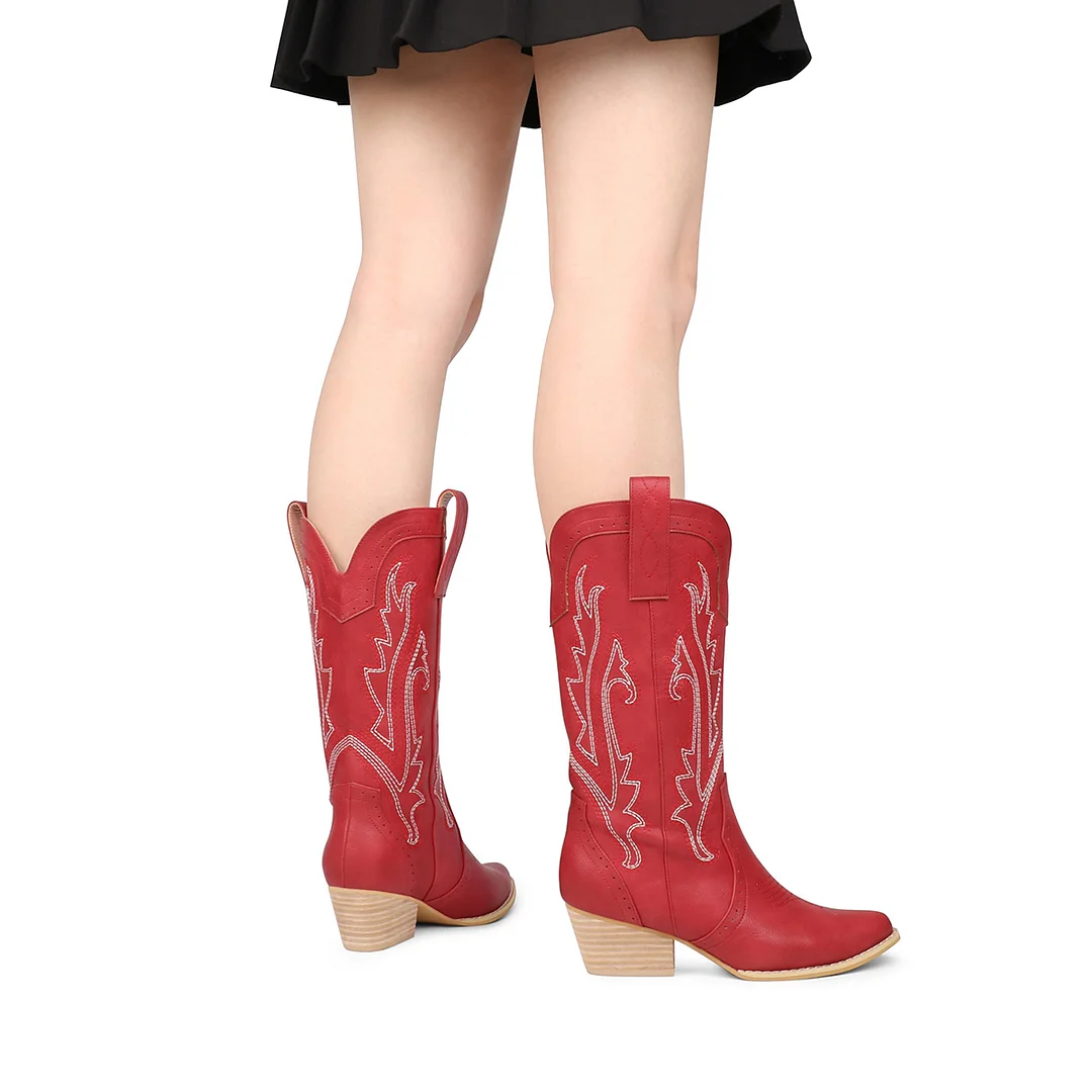 2" Women's Pointed Toe Embroidered Cowboy Boots Vintage Style Western Cowgirl Boots-MERUMOTE