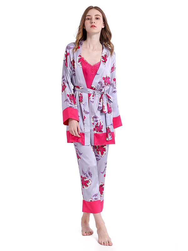 V Neck Printed Silk Pajamas Set|3pcs