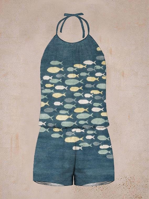 Women's casual sleeveless cute fish print jumpsuit-Mayoulove