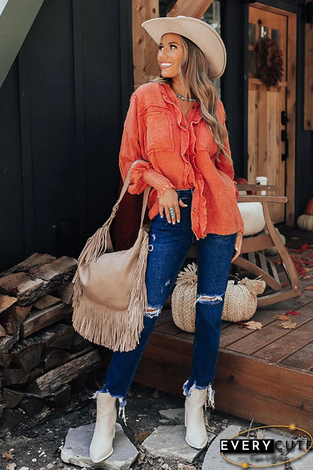 Orange Ruffled Shirred Waffle Knit Pocketed Long Sleeve Shirt