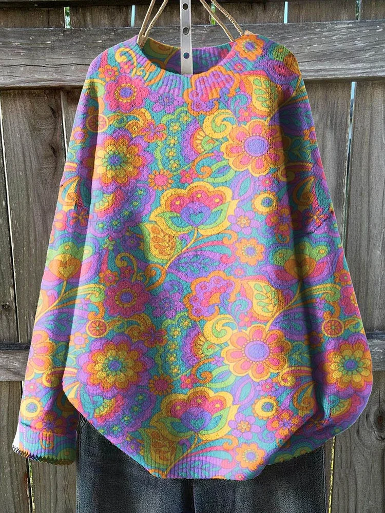 Colorful Floral Hippie Print Knit Pullover Sweater