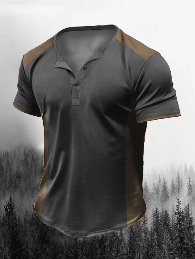 Men's Retro Color Matching Henry Collar Short-Sleeved Shirt in  mildstyles