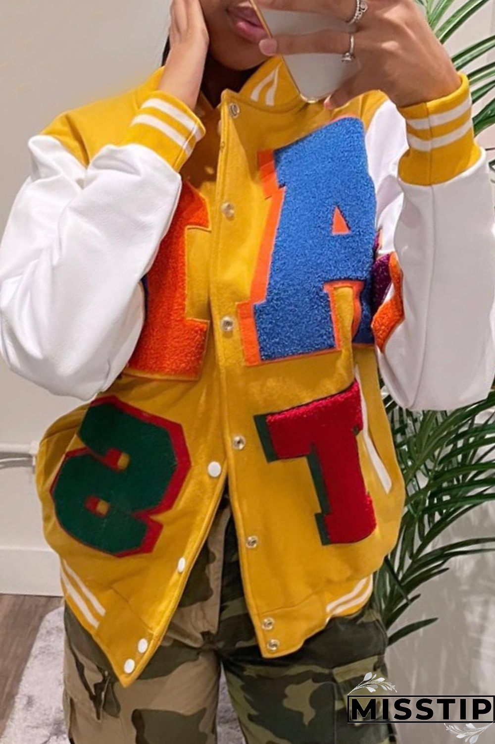 Blue Casual Letter Patchwork Contrast Turn-back Collar Outerwear