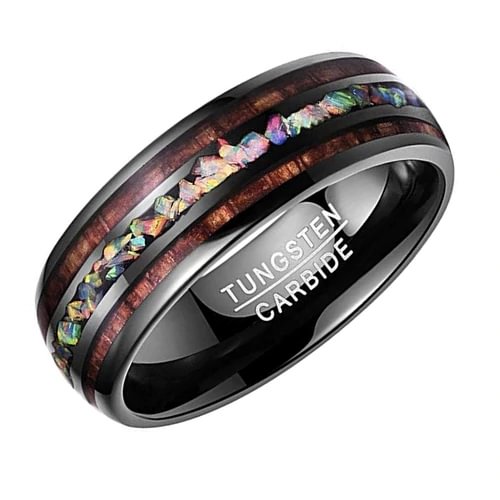 Women's or Men's Tungsten Carbide Wedding Band Matching Rings,Black Tone Wood and Rainbow Opal Inlay Ring With Mens And Womens For Width 4MM 6MM 8MM 10MM