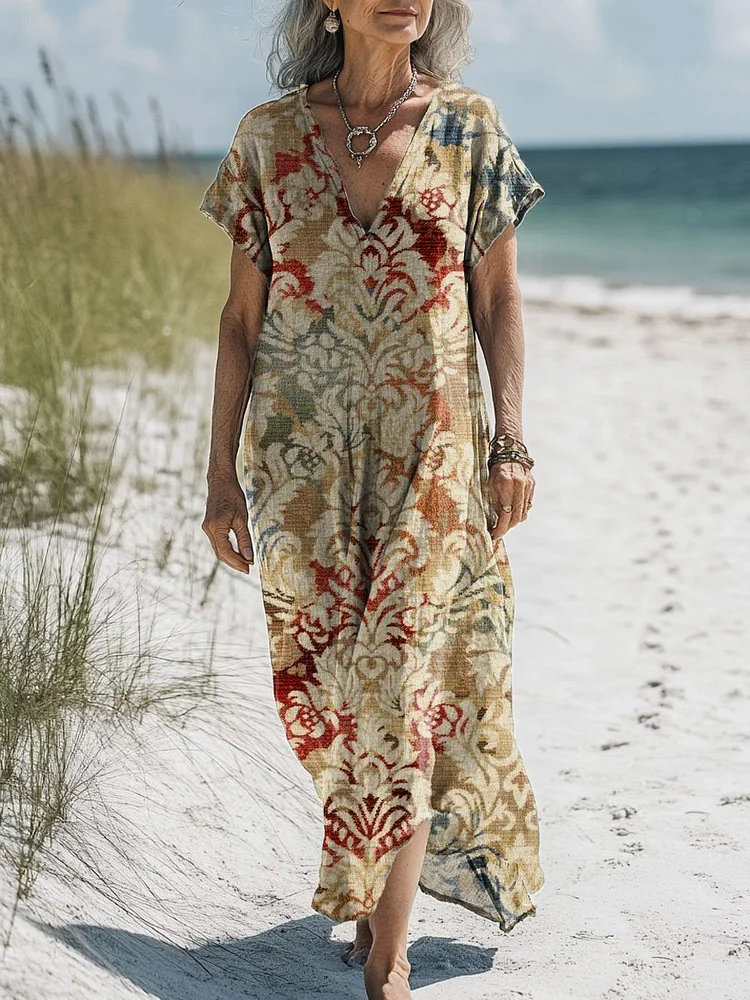 Women's Vintage Lovely Floral Art Print Pocket Cotton Dress