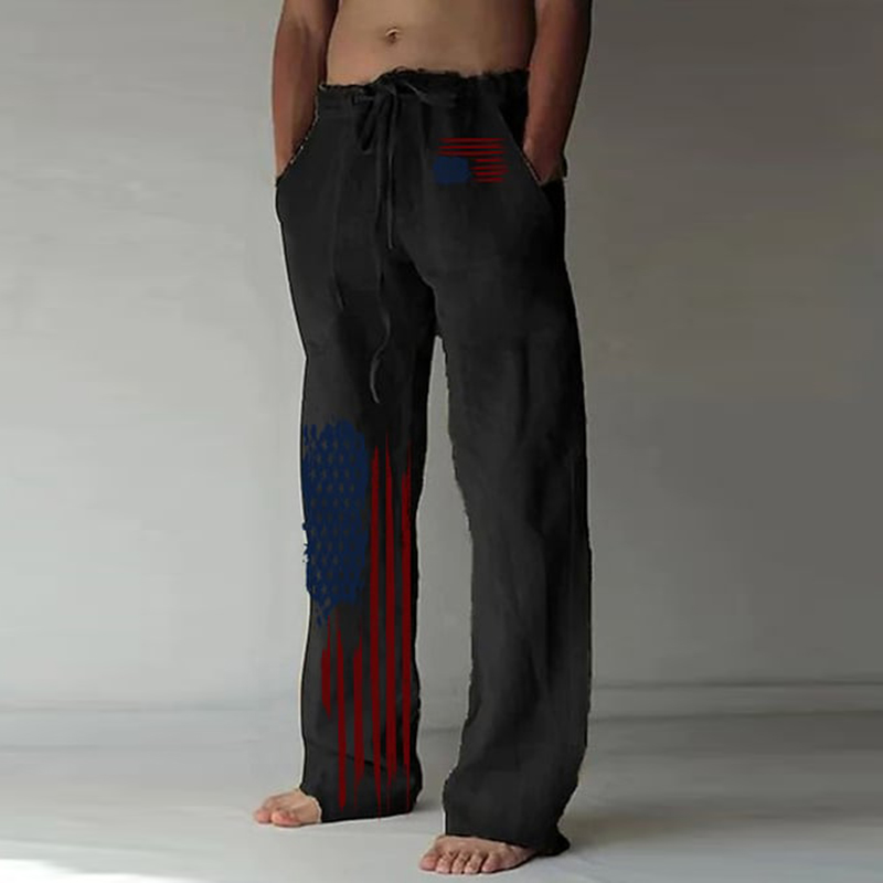 Comstylish Men's American Flag Print Linen Blend Casual Pants