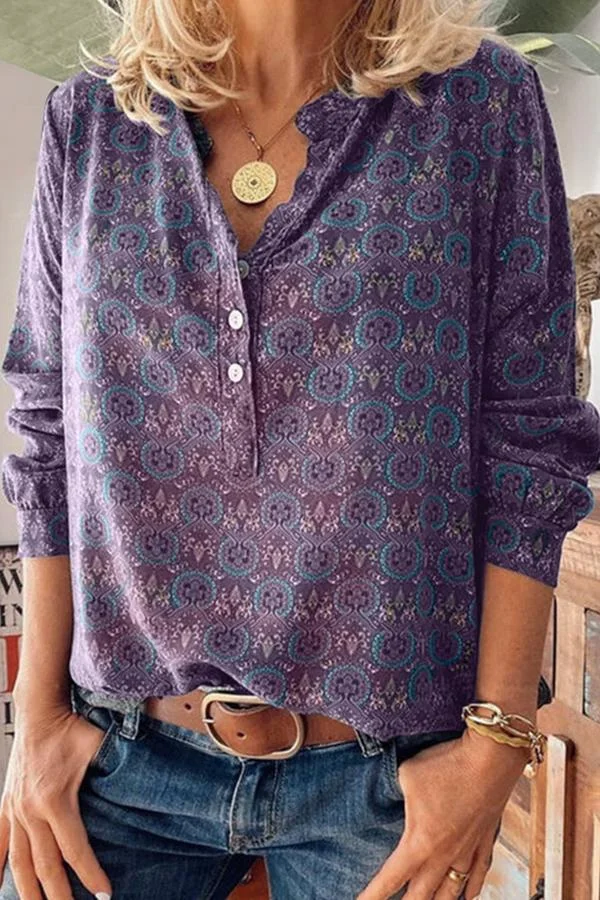 Long Sleeve Paisley V Neck Blouse-Allyzone-Allyzone