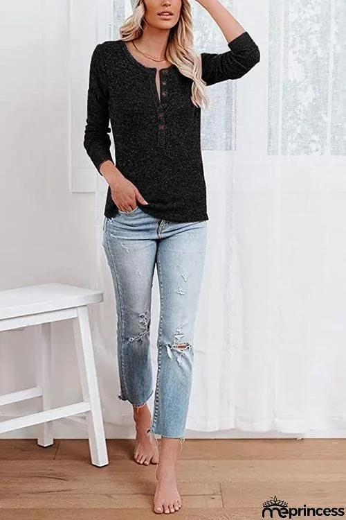 Button O Neck Knit Long Sleeve Top