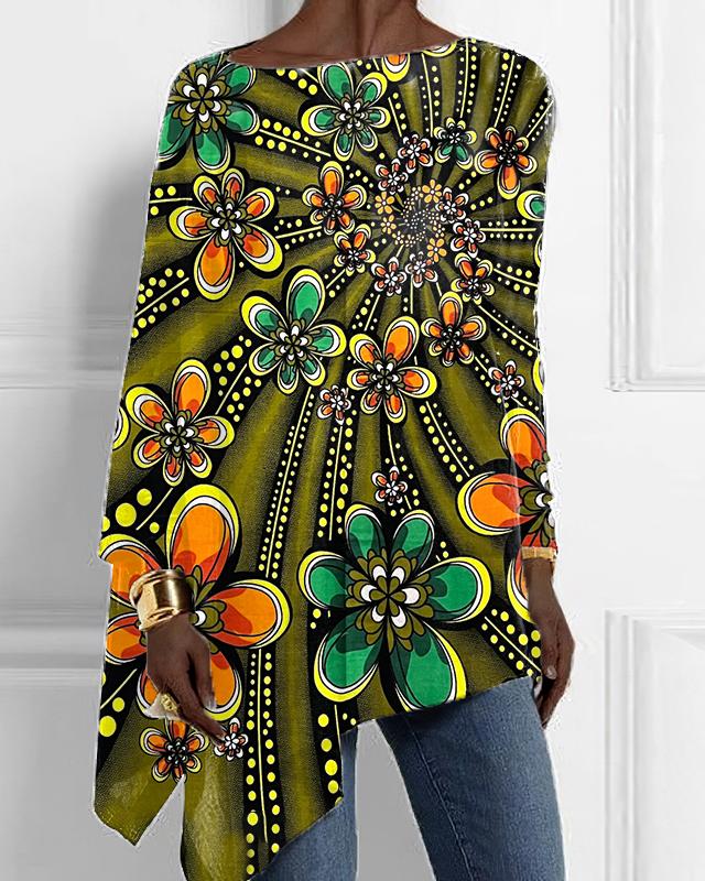 Rotating Flowers African FabricTurtleneck Hem Top