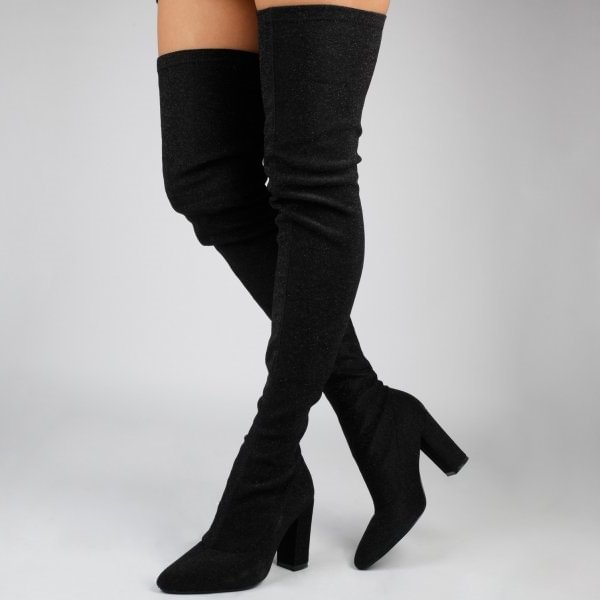FSJ Shoes Black Suede Slouch Long Boots Chunky Heels Thigh-high Boots |FSJ Shoes