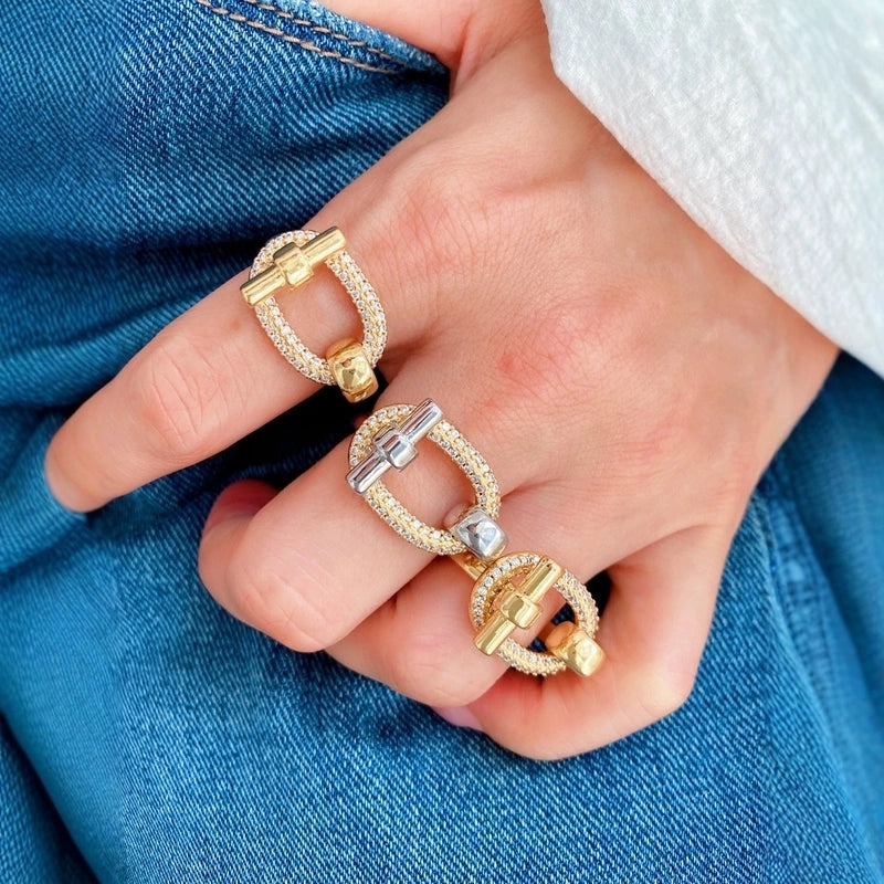 2 Pieces IG Style Oval Copper Zircon 18K Gold Plated Mixed Metal Plating Inlay Rings