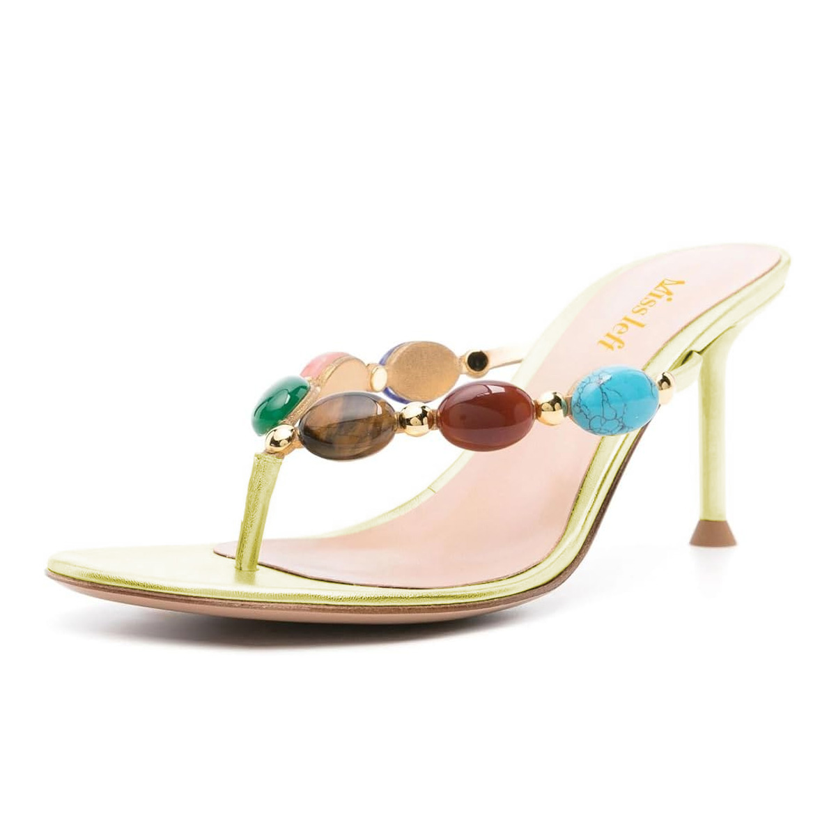 Faux Leather Round Toe Metallic Yellow Women's Heel Sandals Nicepairs