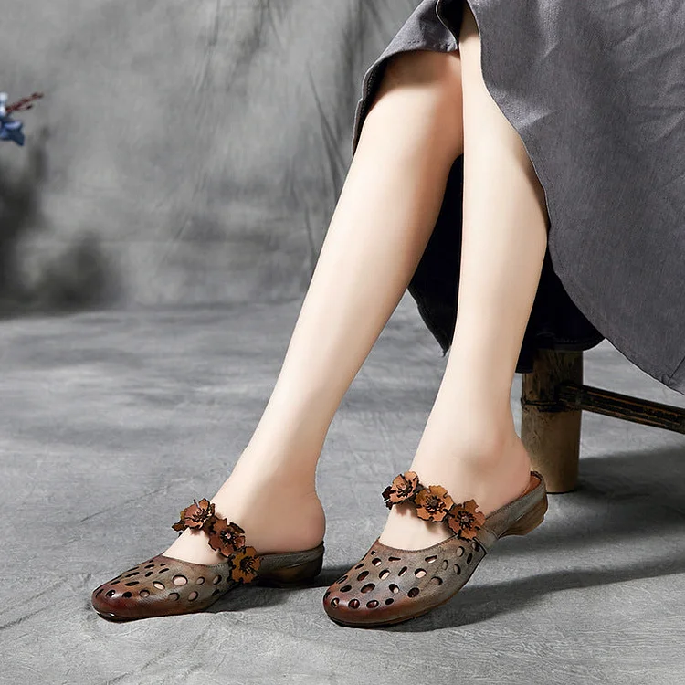 Women 2022 Vintage Floral Hollow Leather Slippers