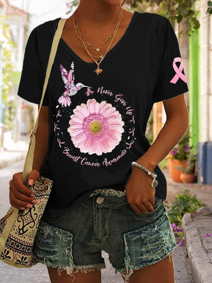 Never Give Up Breast Cancer Awareness Print Casual T-Shirt socialshop