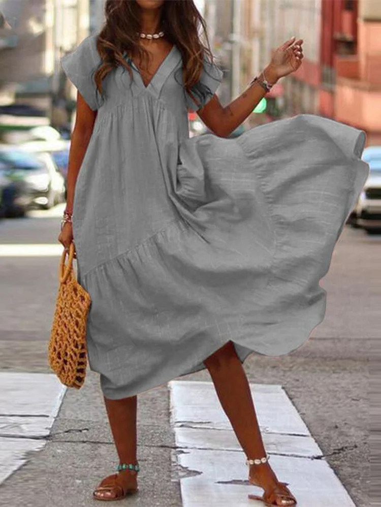 Linen V Neck Short Sleeve Irregular Hem Maxi Dress