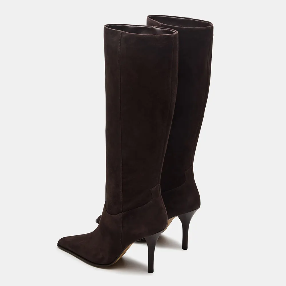 Chocolate Brown Knee High Stiletto Heeled Long Boots for Women