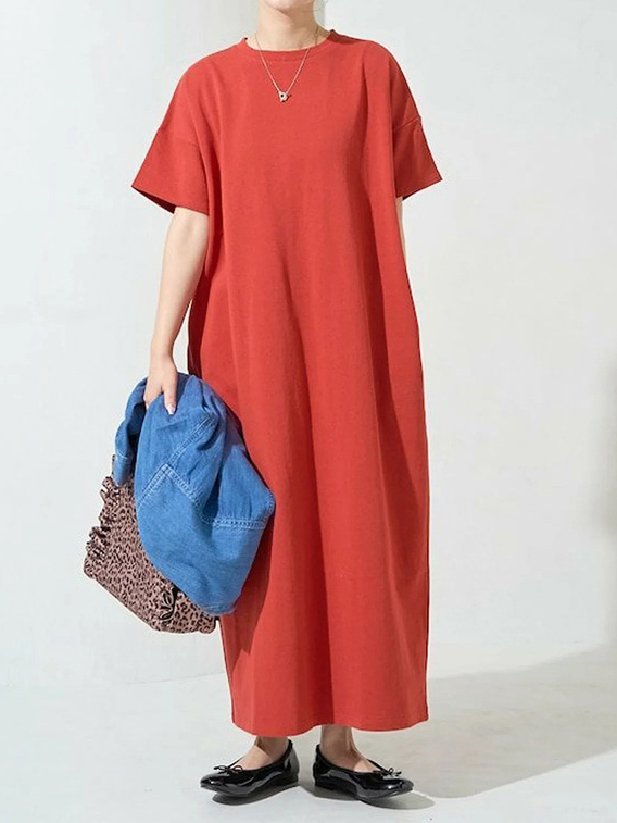 Stripe Short Sleeve Round Neck Loose Cotton Maxi Dress