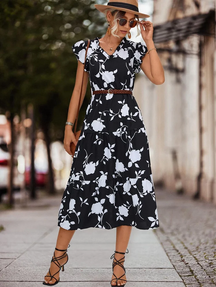 Fashion Print Elegant A Line Floral Print V Neck Casual Dress