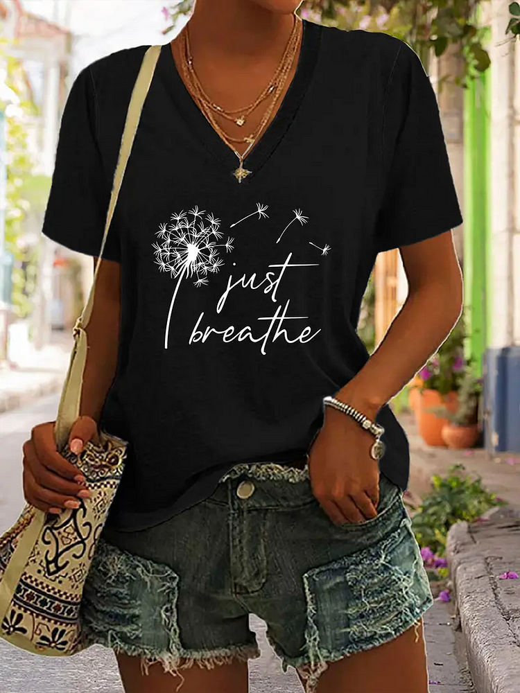 AL™ Dandelion Print T-Shirt, V Neck Short Sleeve Summer Casual Top, Women's Clothing-xn-0611-9-Annaletters