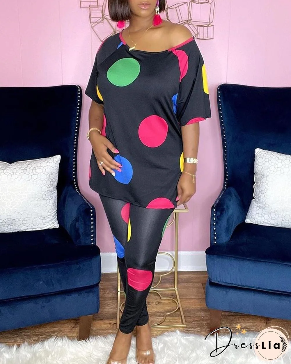 Polka Dot Print Colorblock Slit Top & Pants Set