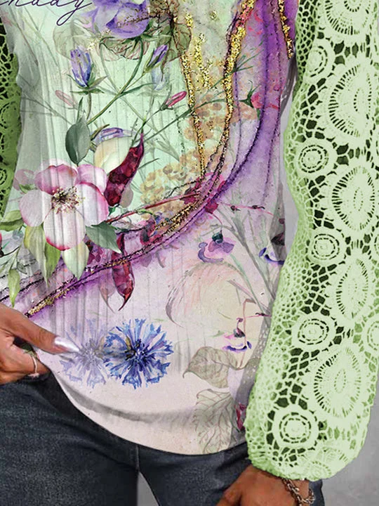 Women Long Sleeve V-neck Floral Printed Graphic Lace Tops