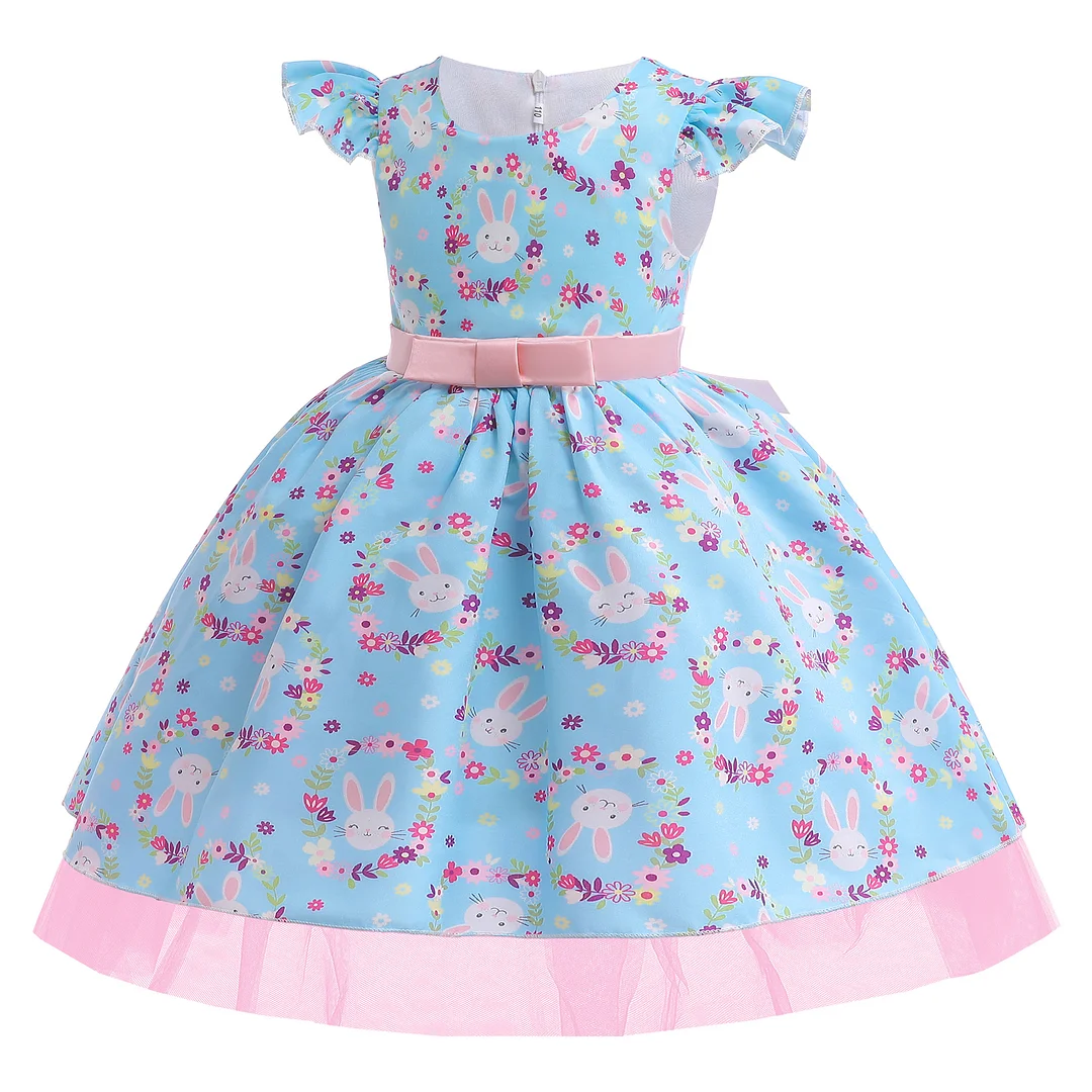 Girls' Flutter Sleeve Princess Dress with Bunny Print - Kids' Net Yarn Puff Dress, Perfect for Parties!