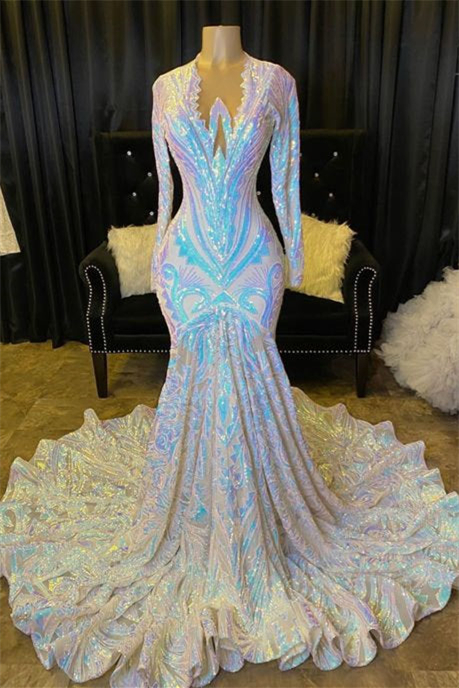 Bellasprom Long Sleeves V-Neck Mermaid Prom Dress Sequins On Sale Bellasprom