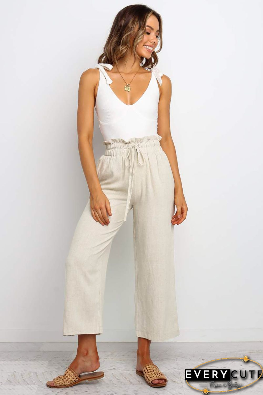 Khaki Paperbag Waist Straight Leg Cropped Pants